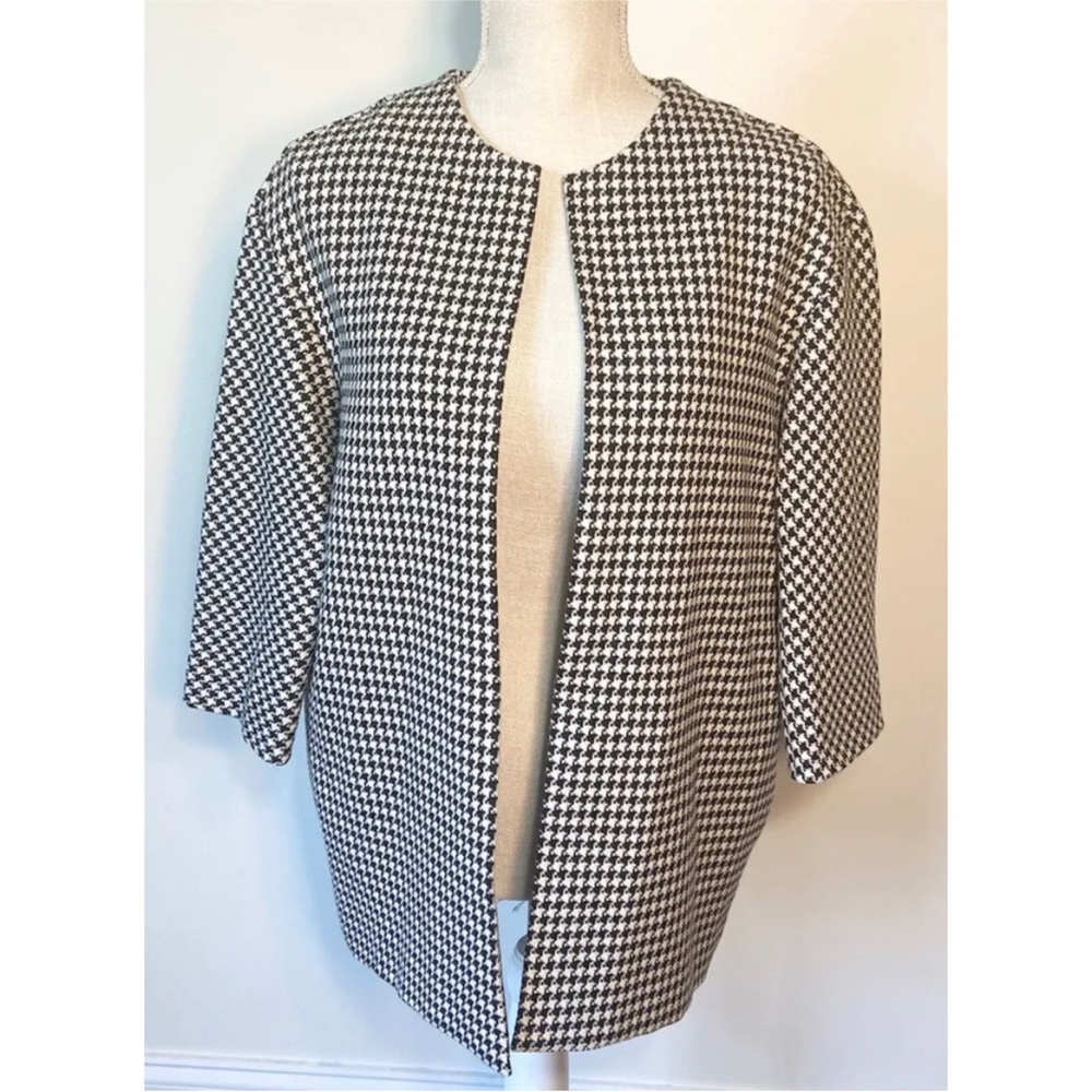 Anne Klein 6 Jacket Open Blazer Houndstooth Black White Pockets NWT 3/4 Sleeves